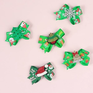 Lot de 5 barrettes de Noël vertes avec sapins pailletés, cloches et ruban festif
