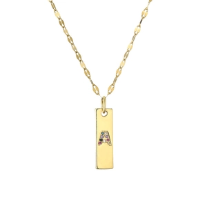 Gold plated initial A necklace with colorful crystals on a rectangular tag pendant