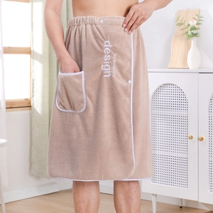 Men khaki coral fleece wearable bath towel wrap with pocket and white embroidery