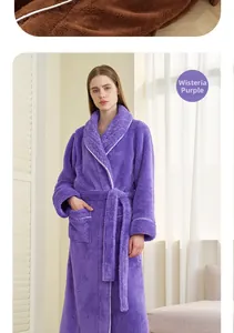 Close-up of wisteria purple coral fleece bathrobe with plush texture and white piping details