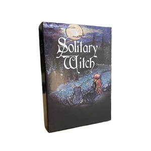 Solitary Witch Oracle cards set with witch and black cat illustration on white background