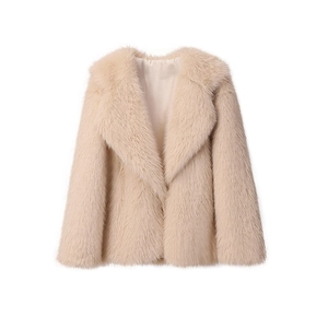 Close-up of luxury faux fur coat texture with premium cream plush and satin lining
