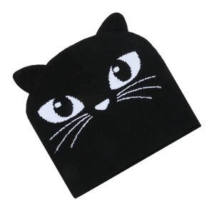 Cute black knit cat ear beanie with white cartoon face embroidery for winter warmth