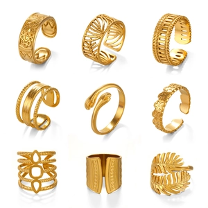 Set of 9 vintage 18K gold plated leaf and geometric open rings for women boho style