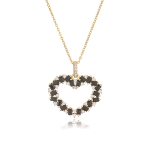 Elegant gold heart pendant necklace with black rectangular gems and white zircons