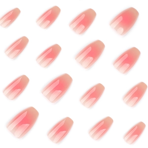 Short coffin false nails with nude pink blush ombre and glossy gradient finish