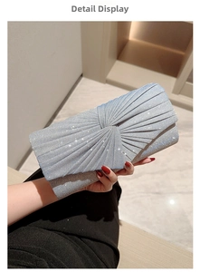 Detail of silver blue sequin evening clutch with elegant radial pleated folding design