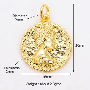 Golden micro-pave coin pendant charm with embossed portrait profile 15mm diameter