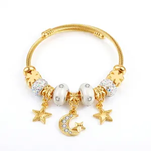Star And Moon Pendant Bracelet Stainless Steel Alloy Rhinestone Beaded Wire Cable Open Cuff Bangle Jewelry For Women