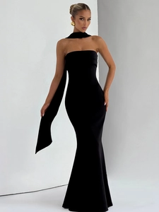 Robe Longue Sirène Bustier Élégante Sans Manches Taille Haute Moulante Avec Choker Assorti Écharpe Polyester Soirée