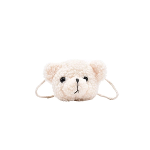 Cute off-white plush cartoon bear head crossbody bag with soft faux fur and thin strap