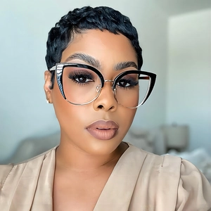 Front view of stylish cat-eye glasses with black and silver frame on model