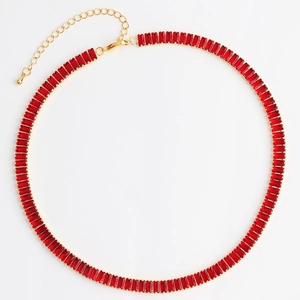 Close-up of red rectangular crystal necklace with gold metal base and lobster clasp