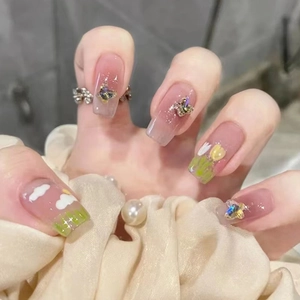 Press On Nails ABS Plastic Pink Gradient Butterfly Hand Painted Tulip Cloud Pattern Short Ballerina For Women