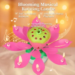 Musical Birthday Candle Rotating Lotus Flower Opening Petals Decorative Electronic Lights For Cake Decoration Party Celebration