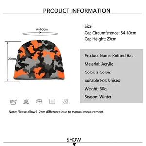 Size chart for camouflage knit beanie showing dimensions of 54-60cm and material details