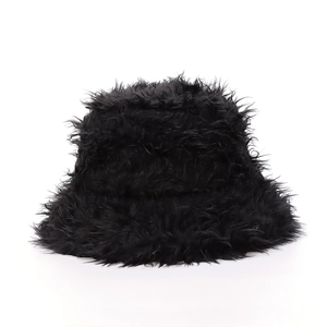 Detailed view of plush black faux fur texture on a thick winter bucket hat