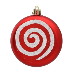Classic red Christmas ornament with white glitter spiral pattern and golden hook hanging