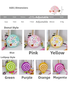 Size chart showing 12x12x4cm dimensions for children silicone crossbody coin purses