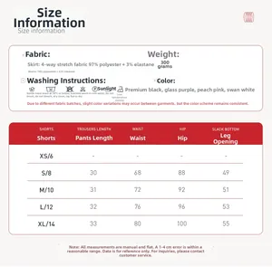 Guide des tailles pour shorts de yoga femme avec mesures précises et détails du tissu