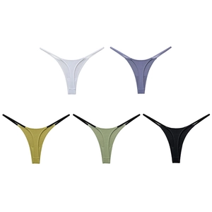Five-pack of ribbed cotton thongs for women in white, lilac, yellow, green, and black
