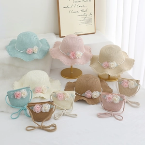 Kids straw hat and woven bag set with pearls and flowers in multiple colors