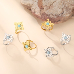 Vintage Stainless Steel Witch Knot Adjustable Ring For Women Gold Silver Plated Bohemian Geometric Turquoise Hollow Open Ring Fashion Jewelry Gift