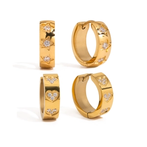 Polished gold stainless steel hoop earrings with star and heart zircon stones