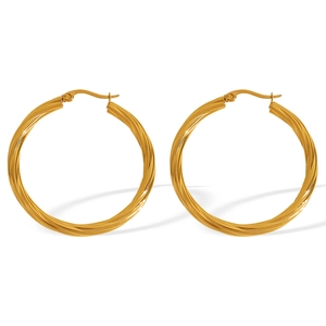 Minimalist 18k gold plated twisted hoop earrings with geometric round texture for women