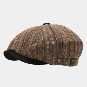 Berretto newsboy britannico a righe marroni con finiture in pelle e visiera nera