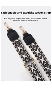 Detailed view of woven geometric strap with black leather ends and gold metal hardware