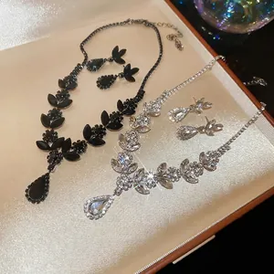 Elegant water drop leaf jewelry set with crystal necklace and earrings in black and silver