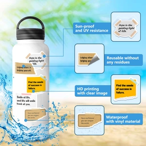 Infographic of waterproof vinyl motivational stickers on a water bottle with HD printing