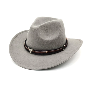 Classic grey western cowboy felt hat with a bull skull buckle and braided trim