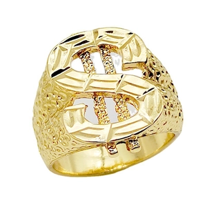 Men's hip hop 18k gold plated dollar sign ring with unique textured hammered band finish