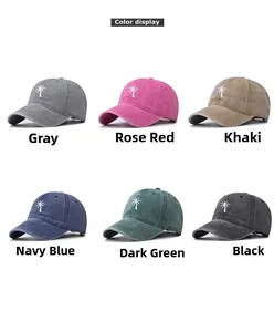 Detailed color display of six washed cotton baseball caps with palm tree embroidery