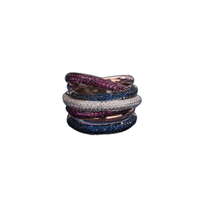 Luxurious multi-layer wrap ring with blue and purple micro-pave crystals in rose gold finish