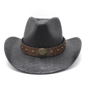 Classic black straw cowboy hat with studded leather band and star emblem for sun protection