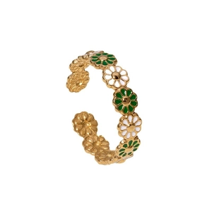 Golden stainless steel open ring featuring white and green enamel daisy flower charms