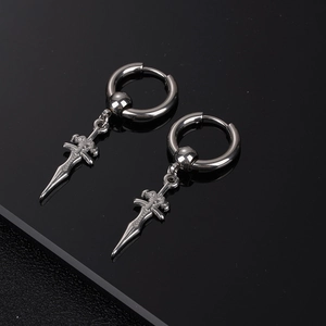 Silver stainless steel hoop earrings with dagger pendant and cross sword punk design