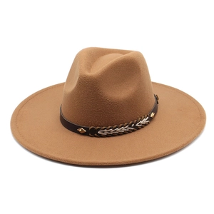 Classic camel wool fedora hat with a wide brim and vintage studded leather band decor