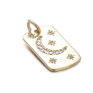 Gold rectangular pendant with moon and star zircon inlay on a clear white background