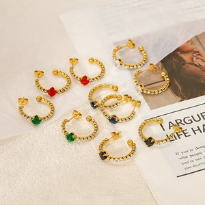Vintage gold C-shaped stainless steel earrings with rhinestones and square crystals in 5 colors