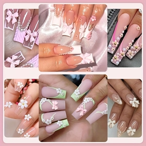 Detailed collage of assorted nail art designs featuring bows, pearls and floral elements