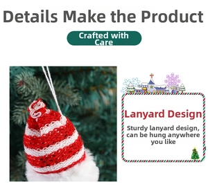 Detail of red sequined Christmas hat ornament with plush white trim and hanging loop