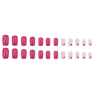 24pcs rose red and heart pattern medium square press-on nails with glossy finish