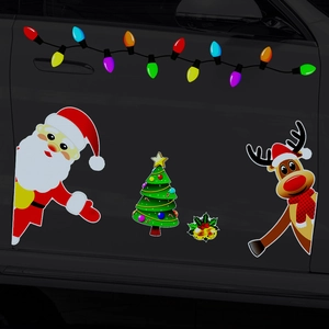 Magnetic reflective Christmas decals with Santa and reindeer on a black car door