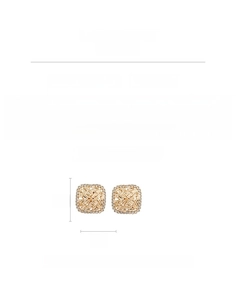 Macro shot of gold square stud earrings with zircons and product dimensions 2cm x 2cm