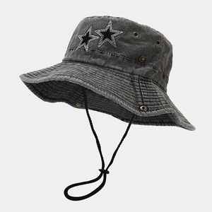 Detail of washed grey cotton sun hat featuring rhinestone stars and chin strap