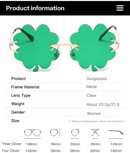 Size chart showing metal clover sunglasses dimensions for Halloween party eyewear